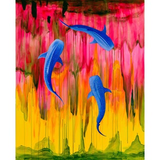Blue Shiver by Robin Hextrum | Oil and Acrylic on Canvas Featuring Blue Fish in Abstract Background For Sale
