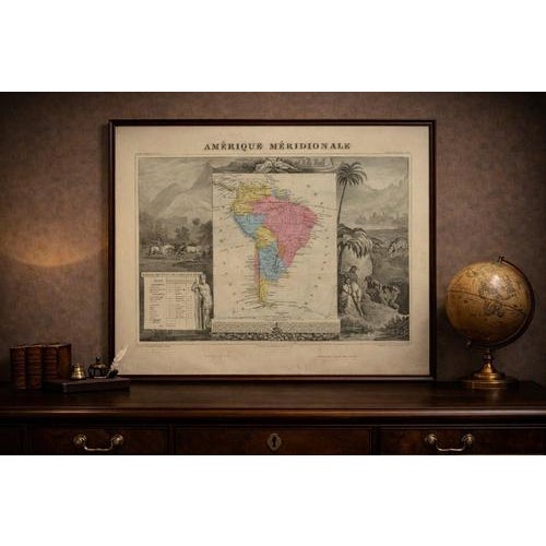 Antique Map South America, Levasseur, Decorative and Hand Colored, c.1845 This richly decorative map titled Amérique...