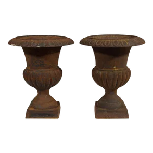 Neoclassical Iron Urns Flower or Plant Planters Jardinières Outdoor Garden, Pair