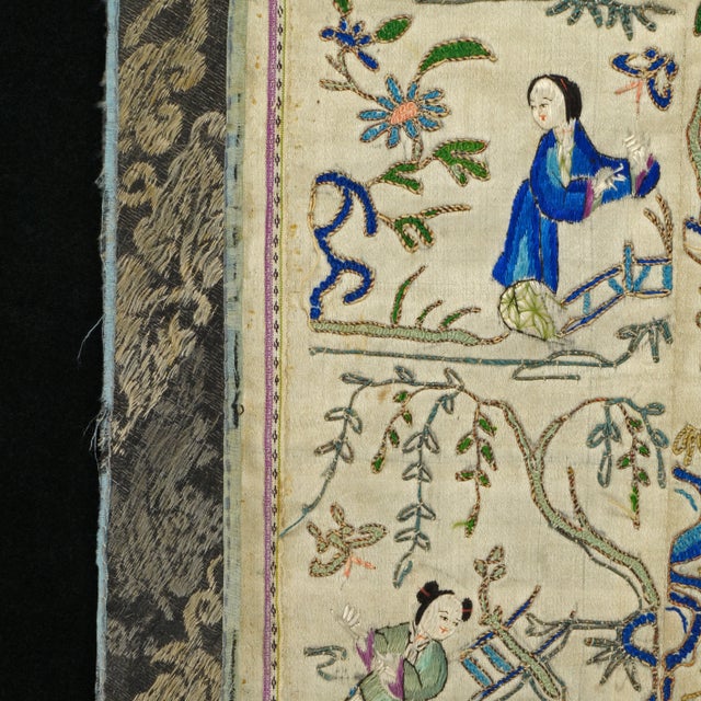 Beige Chinese Embroidered Silk Sleeve Panels Beauties in Garden Late Qing For Sale - Image 8 of 9