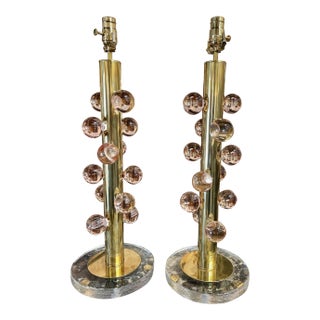 Pair of Pink Murano Glass Ball and Brass Lamps For Sale