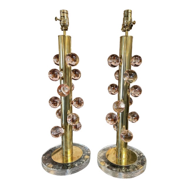 Pair of Pink Murano Glass Ball and Brass Lamps For Sale