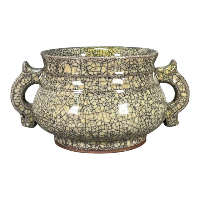Chinese Ge-Type Crackle Glaze Porcelain Censer With Handles For Sale