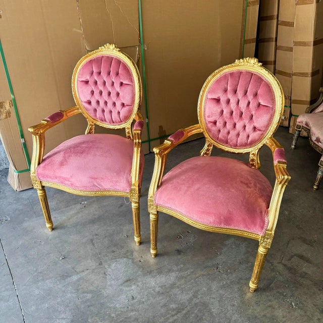 2020s Pink Velvet Chair French Style Tufted With Gold Details - Set of 2 For Sale - Image 5 of 7