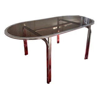 Oval Dining Table in Smoked Glass and Chrome For Sale