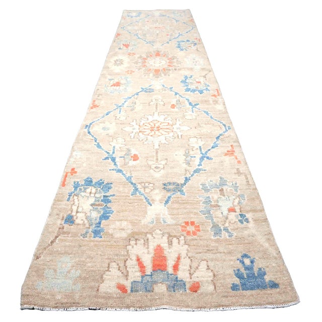 Traditional 21st Century Turkish Oushak Wool 3x12 Beige & Blue Handmade Runner Rug #1144198 For Sale - Image 3 of 12