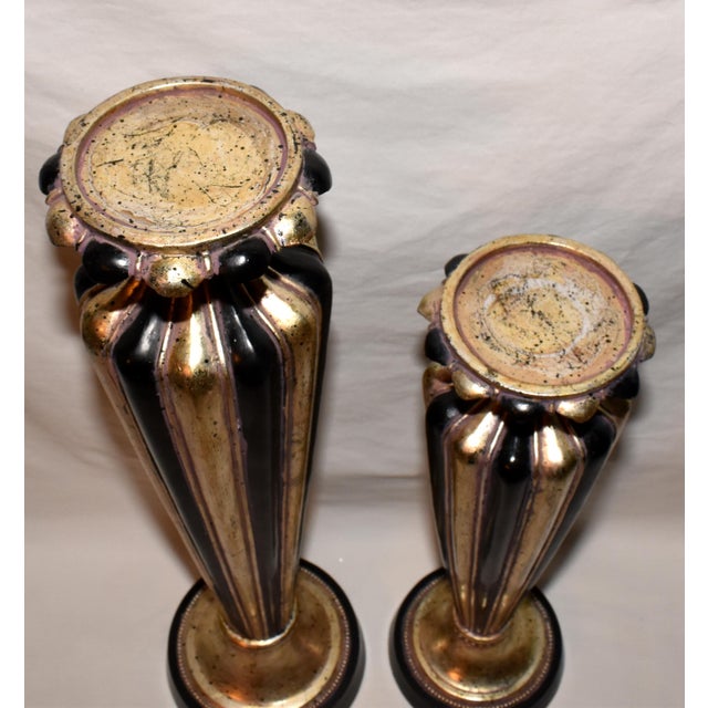 Late 20th Century Candlesticks Holders 2pc Set Black Gold Pillar Candle Stands 19" For Sale - Image 4 of 5
