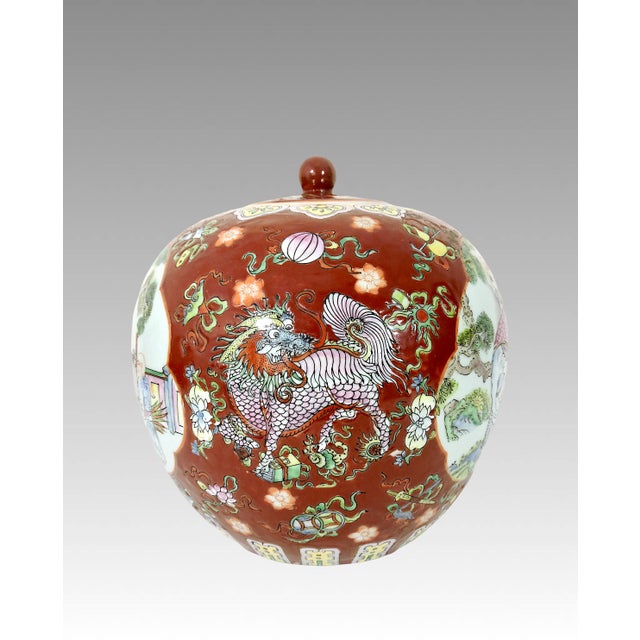 Vintage Hong Kong Double 'Qilin' Persimmon Red Porcelain Ginger Jar With the Eight Chinese Immortals For Sale - Image 4 of 8
