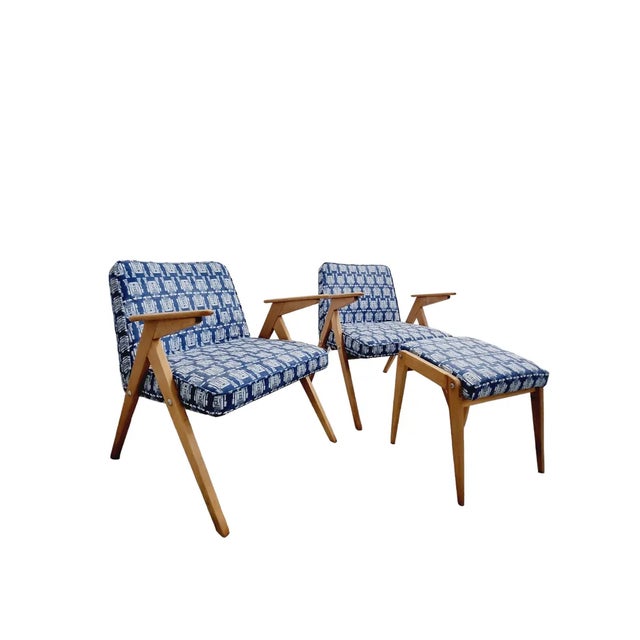 Wood Mid-Century Modern Bunny Armchairs with Footstool attributed to Józef Chierowski, Polish, 1970s, Set of 3 For Sale - Image 7 of 7