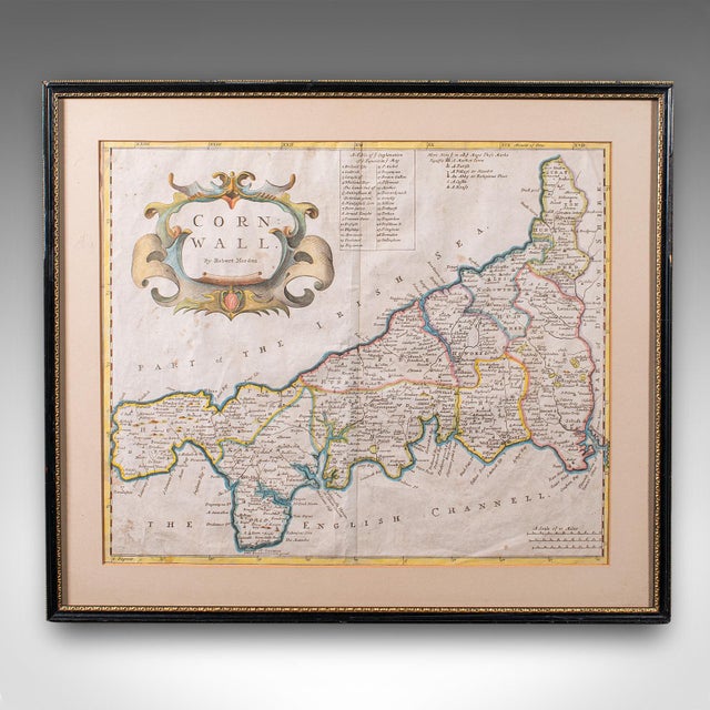 This is an antique framed map of Cornwall. An English, atlas engraving of cartographic interest By Robert Morden, dating...