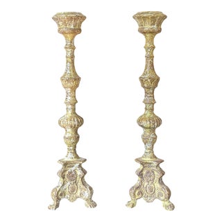 Ornate Italian Baroque Style Distressed Aged Candlestick Holders- a Pair For Sale