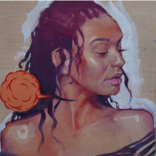 Gills by Joshua Lawyer | Oil on Wood Portrait of a woman with curly hair and an orange swirl. For Sale
