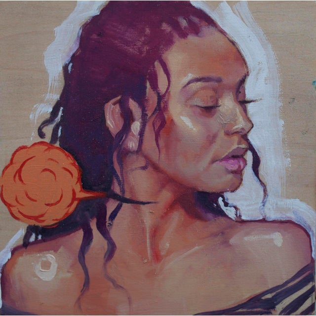 Gills by Joshua Lawyer | Oil on Wood Portrait of a woman with curly hair and an orange swirl. For Sale