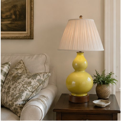 Chinese Monochrome Chartreuse Porcelain Double Gord Lamp With Wooden Base For Sale - Image 12 of 12