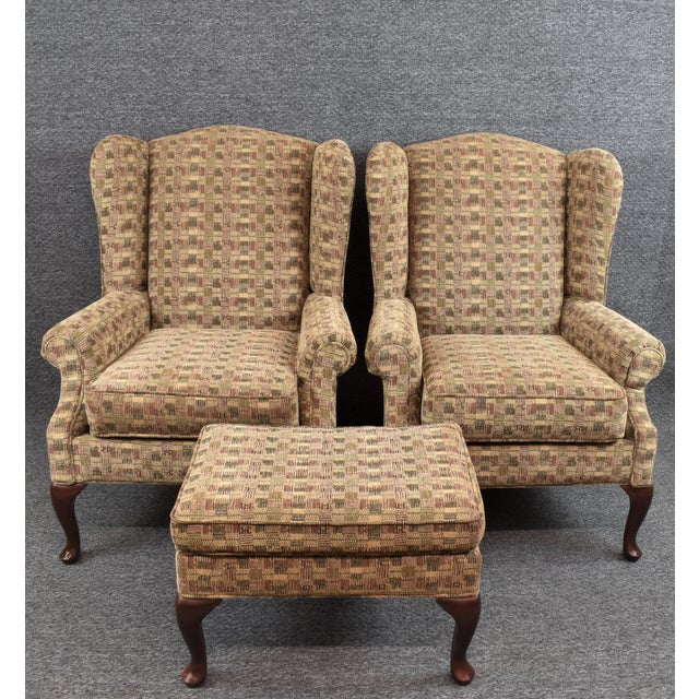 Rowe Furniture Queen Anne Style Two Wing Back Chairs & Ottoman Chairish