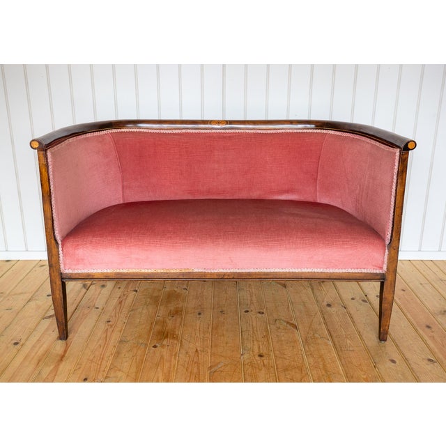 Antique Art Nouveau Edwardian Mahogany Barrel Back 2-Seater Settee Sofa, 1910s For Sale - Image 10 of 18