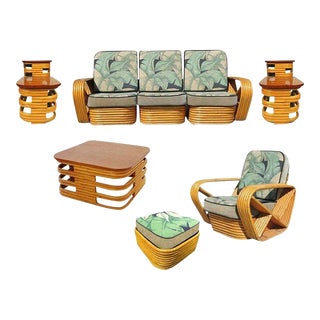 Restored 1930s Rattan and Mahogany Living Room Set - Set of 6 For Sale