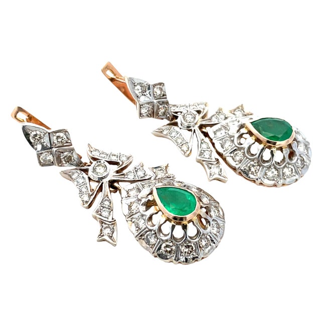14k Gold 3 Carat Diamond & 1.50 CTW Emerald Drop Earrings, a Pair For Sale - Image 10 of 12