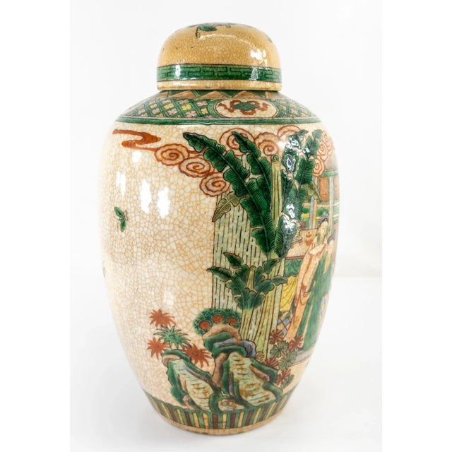 Chinoiserie Chinese Famille Verte Beige Crackled Vase or Urn for a Lamp For Sale - Image 3 of 13