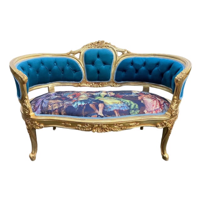 1970s French Louis XVI Blue Velvet Gilt Beechwood Corbeille Settee For Sale