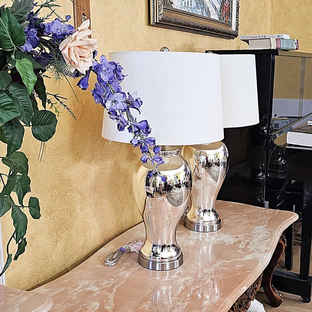 Late 20th Century Pair of Vintage Mercury Glass Table Lamps With Light-Gray Drum Shades For Sale - Image 5 of 18
