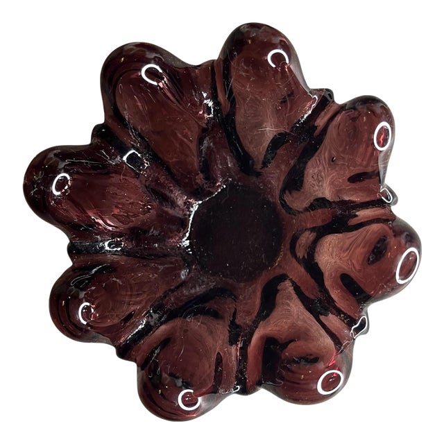 Circa 80’s Open Flower Amethyst Glass Candle Holder or Catchall For Sale