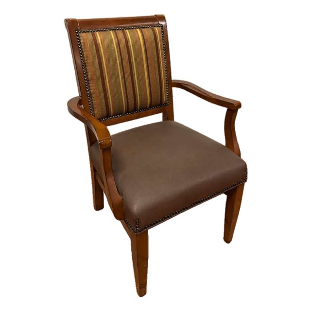 Traditional Wood Accent Armchair With Striped Upholstered Back and Nailhead Trim For Sale