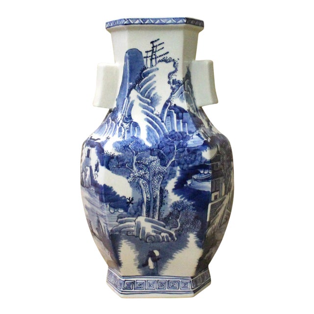 Chinese Blue & White Porcelain Oriental Mountain Scenery Graphic Vase For Sale