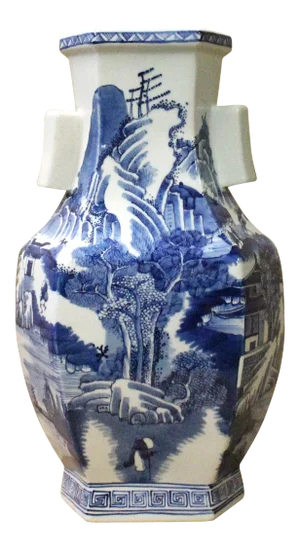 Chinese Blue & White Porcelain Oriental Mountain Scenery Graphic Vase