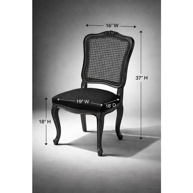 French Provincial Mid 20th Century Refinished French Provincial Cane-Back Dining Chairs in Old Chapel Walnut With Black Upholstery – Pair For Sale - Image 3 of 8