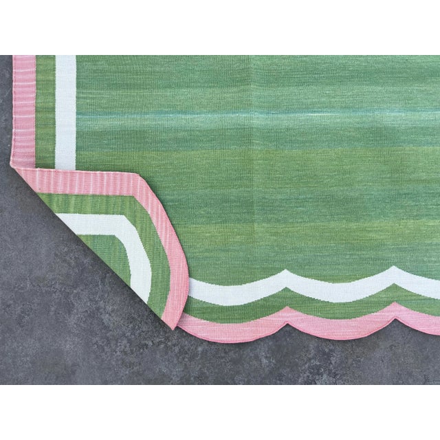 Casa Cosima Handwoven Cotton Area Rug Vegetable Dyed Forest Green and Pink Border Scalloped Dhurrie - 12'x15' For Sale - Image 4 of 10