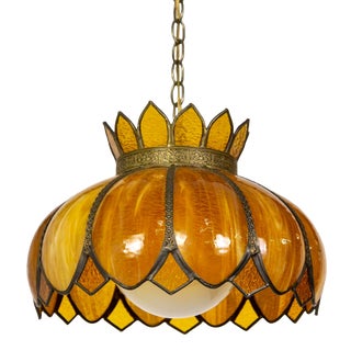 Mid 20th Century Caramel-Amber Slag Glass Lotus Flower Swag Pendant Light With Decorative Trim For Sale