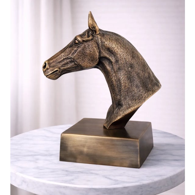 1970s Antique Brass Finish Metal Hand Carved Horse Head Bust Sculpture For Sale - Image 4 of 10