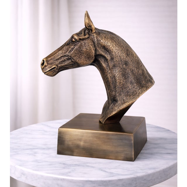 1970s Antique Brass Finish Metal Hand Carved Horse Head Bust Sculptures For Sale - Image 4 of 10