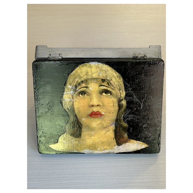1920s Art Deco Original Portrait Painting on Box For Sale - Image 4 of 8