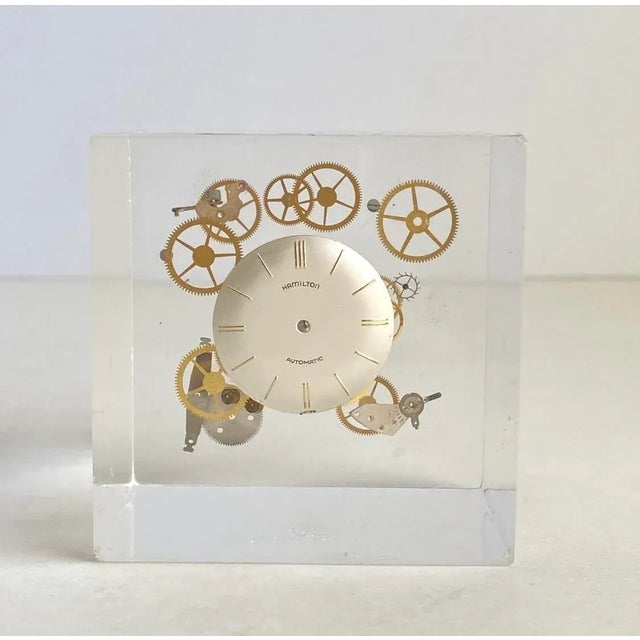 Mid-Century Modern Vintage 70s Lucite Cube Paperweight by Pierre Giraudon Exploding Watch Parts in Resin For Sale - Image 3 of 11