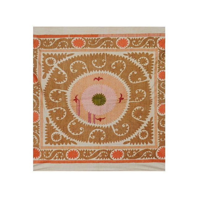 Uzbek Suzani Textile, Square Table Cover in Warm Tones 4'1'' X 4'5'' For Sale - Image 4 of 10