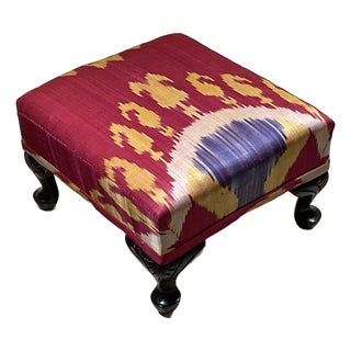 Antique Solid Wood Footstool / 19th-Century Silk Ikat /Artisan Statement Piece For Sale