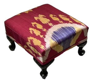 Antique Solid Wood Footstool / 19th-Century Silk Ikat /Artisan Statement Piece
