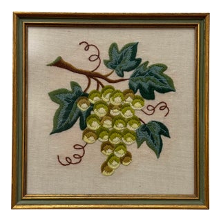 Vintage Arts & Crafts "Grapes" Crewel Embroidery Textile Framed Art, Teal, Peacock Blue, Apple Green For Sale