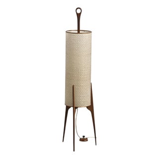 Rocket Floor Lamp in Wood, Brass and Woven Fibers, 1960s For Sale