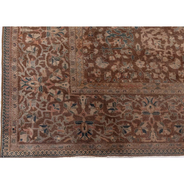 Textile Antique Persian Sarouk Botanic Brown Handmade Wool Rug For Sale - Image 7 of 9