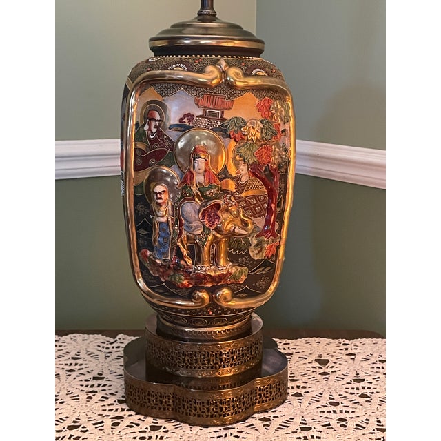 Vintage 31" Japanese Satsuma Moriage Table Lamp With Pleated Shade For Sale - Image 10 of 18