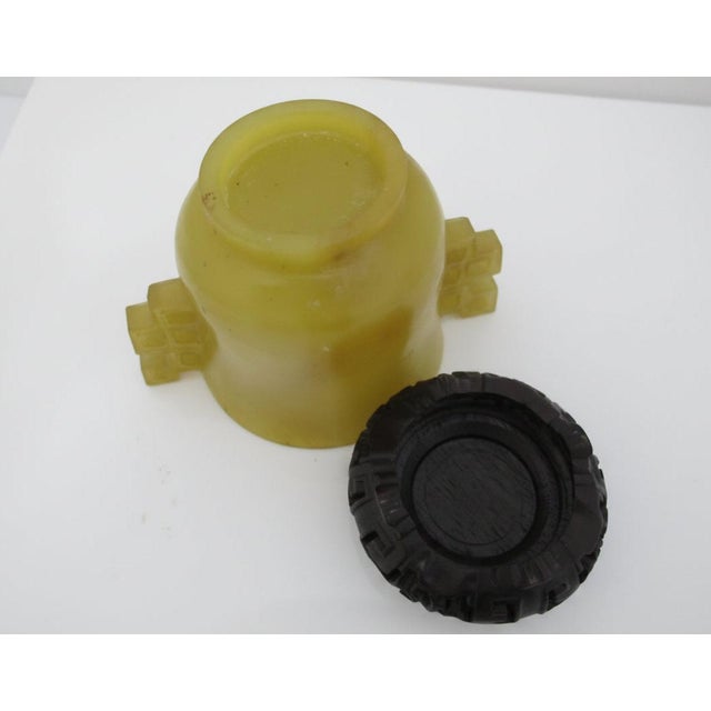 Chinese Archaistic Yellow Jade Twin Handled Libation Cup With Carved Wood Stand For Sale - Image 9 of 12