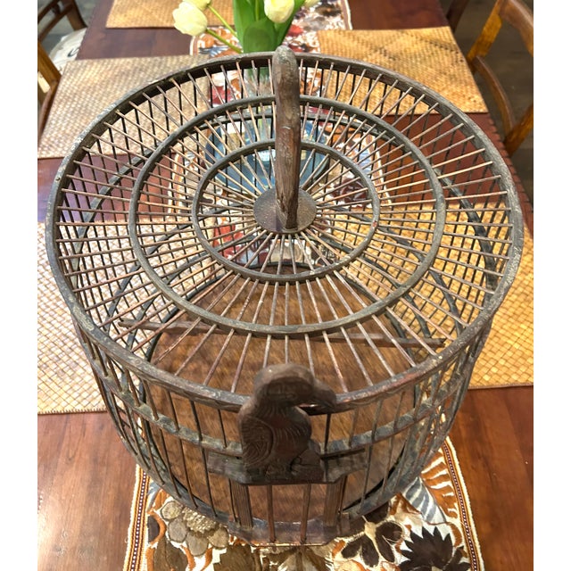 Antique Handmade Wooden Birdcage With Carved Bird For Sale - Image 4 of 5