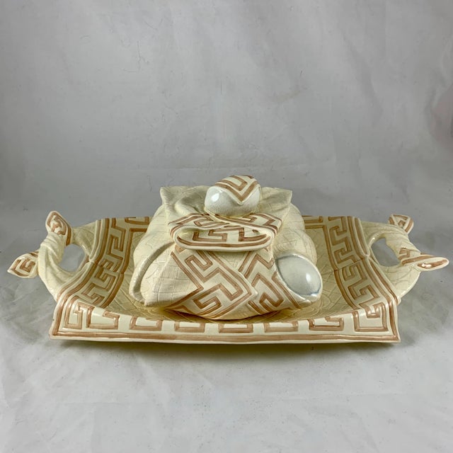 Sarreguemines Majolica Trompe L’Oeil Greek Key Napkin Egg Box Pâté Terrine For Sale - Image 12 of 13
