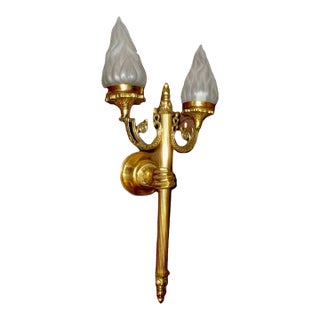 Antique French Regency Brass/ Bronze Hand Held Torch Wall Sconce With Flame Shades For Sale