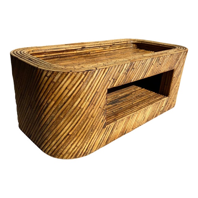 Vintage Scorched Split-Reed Bamboo Coffee Table in the Manner of Gabrielle Crespi For Sale