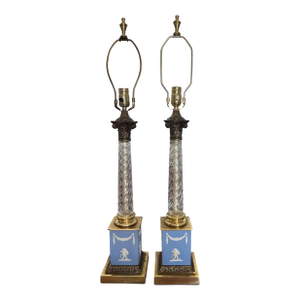Mid 19th Century Sky Blue Bisque Cherub Jasperware and Cut Glass Neoclassical Column Lamps With Brass Fittings, Attributed to Wedgwood - Set of 2