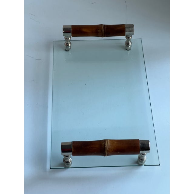 Glass Tray with Bamboo and Silver Handles, a great piece for a vanity or to use in a library with a bottle of whiskey or...